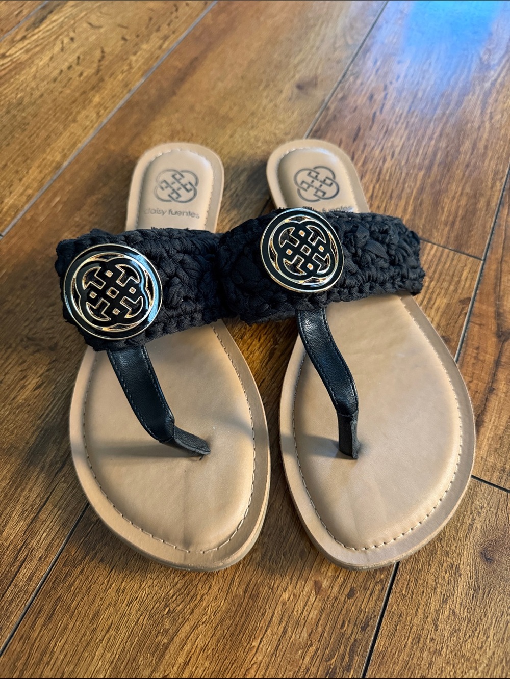 Daisy Fuentes Black Braided Thong Sandals with Gold Medallions
